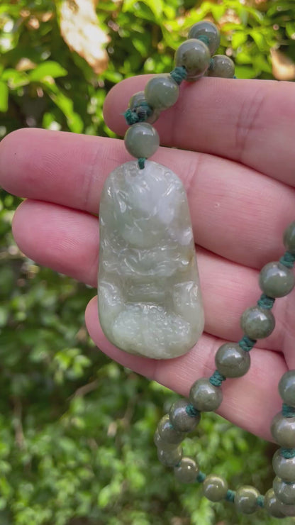 Natural Certified Burmese Jadeite Jade Pendant – Icy Apple Green & Milky White – Hand-Carved Dragon Motif – Beaded Necklace Included – JP068