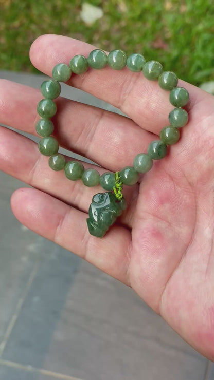 Natural Burmese Jadeite Jade Beaded Bracelet – Icy Deep Mossy Green – Hand-Carved Pixiu Pendant – 8.2mm – JBB181