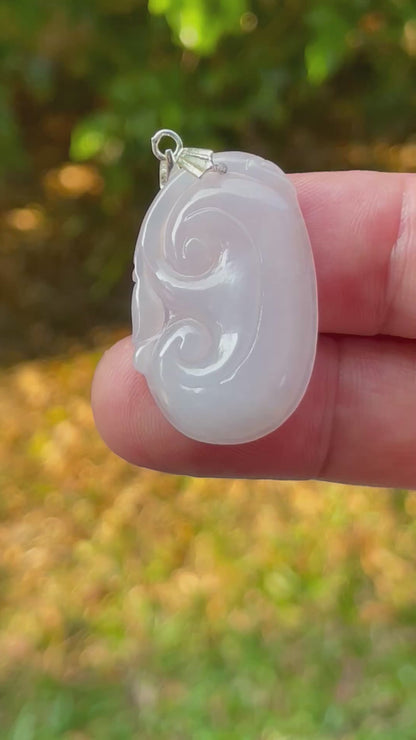 Natural Burmese Jadeite Jade Pendant – Milky White – Hand-Carved Ruyi Swirl Motif – JP086