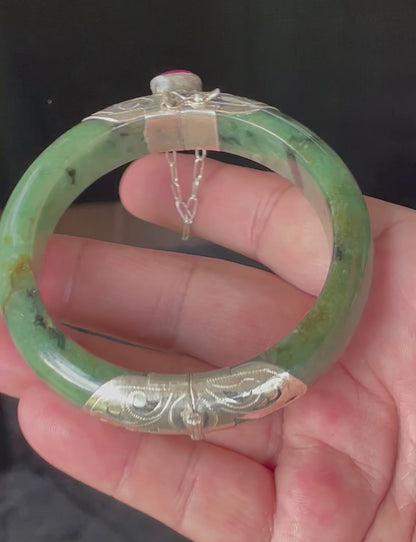 Natural Certified Burmese Jadeite Jade Bangle – Icy Forest Green – Adjustable Silver Clasp with Burmese Ruby – 58.8mm – JB870