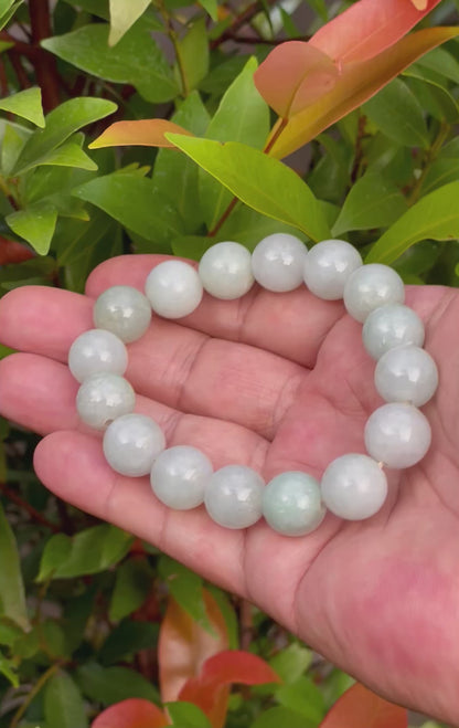 Natural Certified Burmese Jadeite Jade Beaded Bracelet – Icy Imperial Green & Milky White – 13.6mm – JBB176
