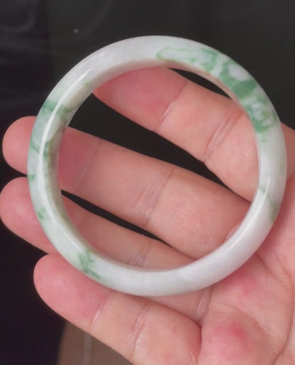 Natural Certified Burmese Jadeite Jade Bangle – Icy Greyish Milky White & Imperial Green – 58.3mm – JB086
