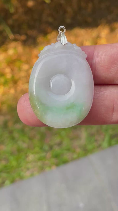 Natural Burmese Jadeite Jade Pendant – White & Imperial Green – Hand-Carved Donut with Ruyi Head Motif – JP083