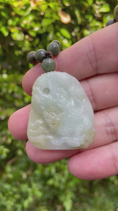 Natural Certified Burmese Jadeite Jade Pendant – Icy Light Apple Green & Yellow Hues – Hand-Carved Dragon Motif – Beaded Necklace Included – JP067