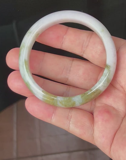 Natural Certified Burmese Jadeite Jade Bangle – Icy Milky White with Moss Green and Light Brown Hues – 58.4mm – JB535