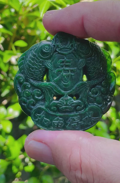 Natural Certified Rare Burmese Jadeite Jade Pendant – Deep Imperial Green – Hand-Carved Twin Fish Motif – JP065