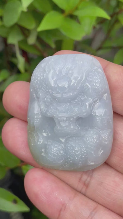 Natural Certified Burmese Jadeite Jade Pendant – Icy Lavender & Moss Green – Hand-Carved Dragon Motif – JP055