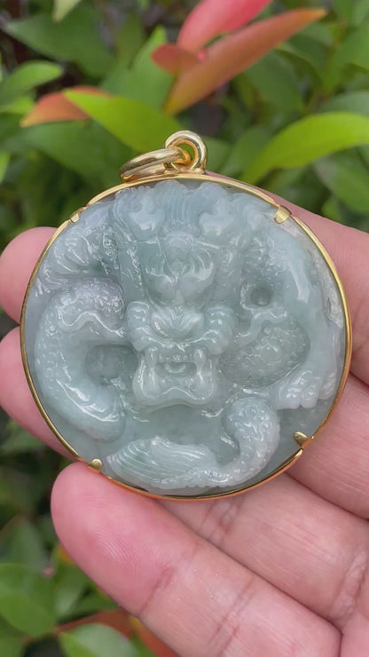 Natural Certified Burmese Jadeite Jade Pendant – Imperial Green – Hand-Carved Dragon Motif – 24K Vermeil Gold Setting – JP032