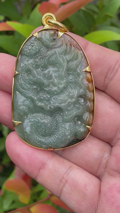 Natural Certified Burmese Jadeite Jade Pendant – Imperial Green & Honey Brown – Hand-Carved Dragon Motif – 24K Vermeil Gold Setting – JP062