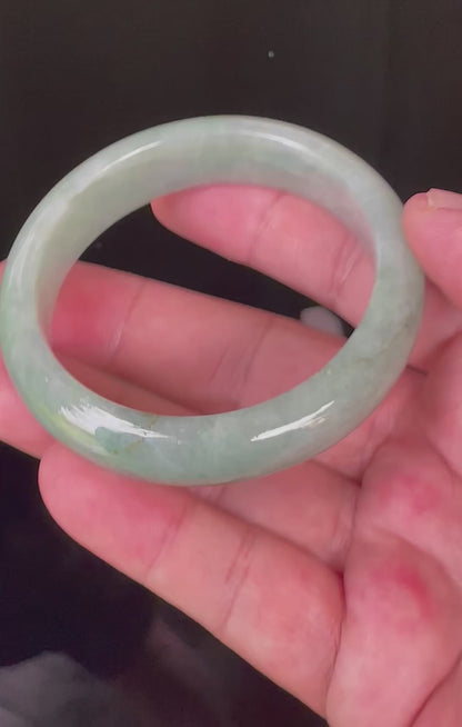 Natural Certified Burmese Jadeite Jade Bangle – Icy Light Bluish Apple Green with Greyish Milky White Hues – 55.5mm – JB034