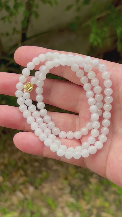 Natural Certified Grade A Burmese Jadeite Jade Beaded Necklace – Icy Milky White & Light Apple Green Hues – 6.2mm Beads – JN017
