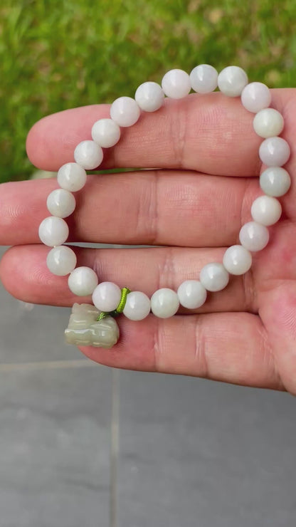 Natural Burmese Jadeite Jade Beaded Bracelet – Icy Milky White, Apple Green Hues – Hand-Carved Tiger  Pendant – 8mm – JBB184