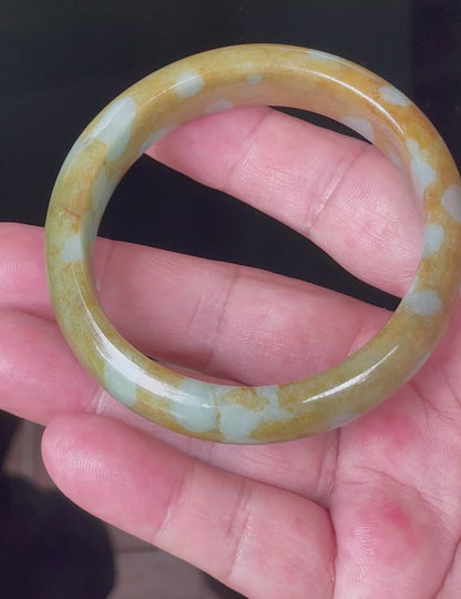 Natural Certified Burmese Jadeite Jade Bangle – Icy Honey & Brown with Bluish Milky White Hues – 58.7mm – JB071