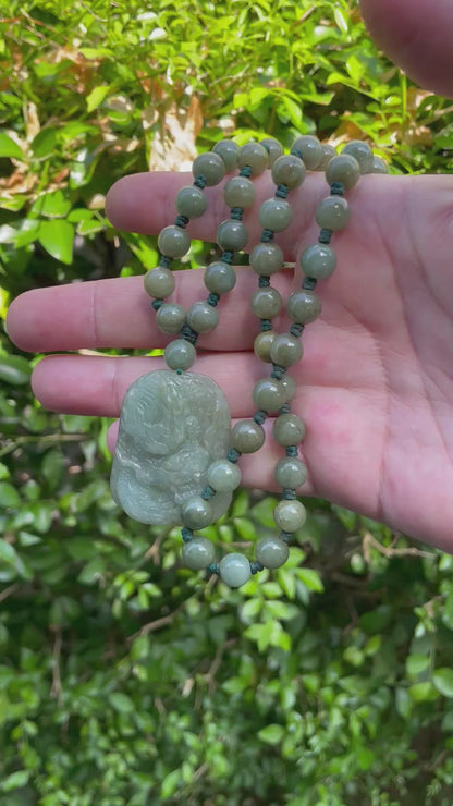 Natural Certified Burmese Jadeite Jade Pendant – Green – Hand-Carved Dragon Motif – Beaded Necklace Included – JP066