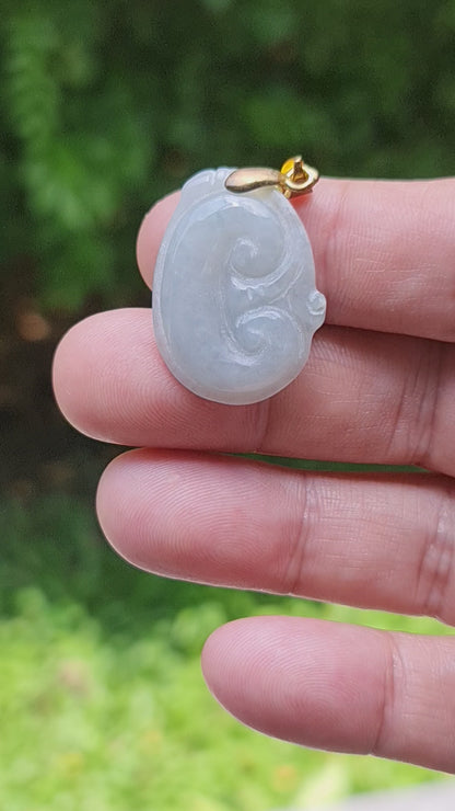 Natural Burmese Jadeite Jade Pendant – Vintage Icy Light Bluish Milky White – Hand-Carved Ruyi Swirl Motif – JOP004