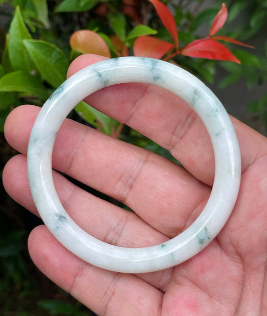 Solid icy milky white and apple green natural Type A Burmese jade bangle bracelet in size 55.3mm