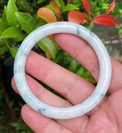 Solid milky white and imperial green natural Type A Burmese jade bangle bracelet in size 58.8mm