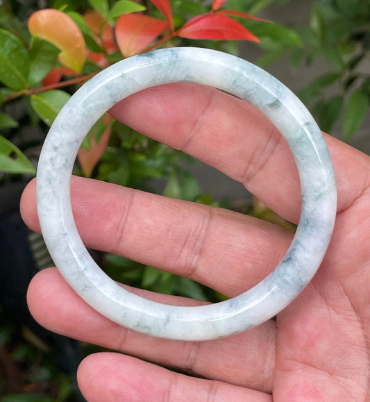 Solid icy white, imperial green, and blue natural Type A Burmese jade bangle bracelet in size 58.7mm