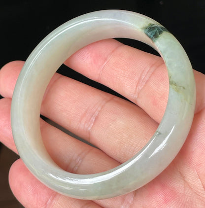 Rounded classic profile of 55mm icy light apple and forest green Burmese jade bangle JB074