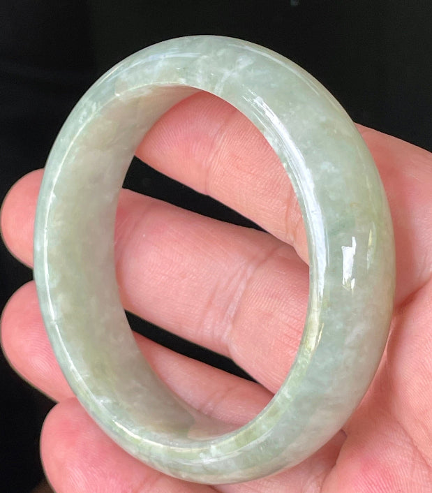 Rounded classic profile of 50.8mm icy apple green and milky white Burmese jade bangle JB238