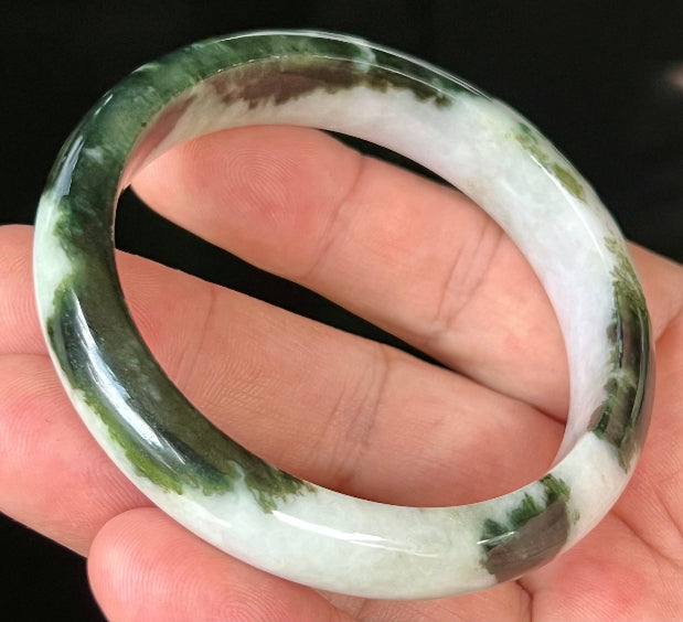 Rounded classic profile of 57.2mm icy forest green and white Burmese jade bangle JB559