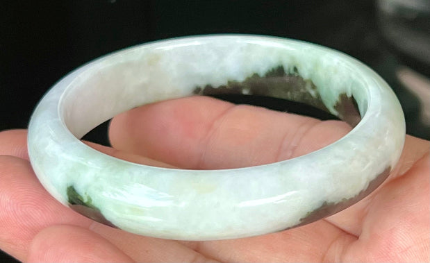 Rounded classic profile of 57.2mm icy forest green and white Burmese jade bangle JB559