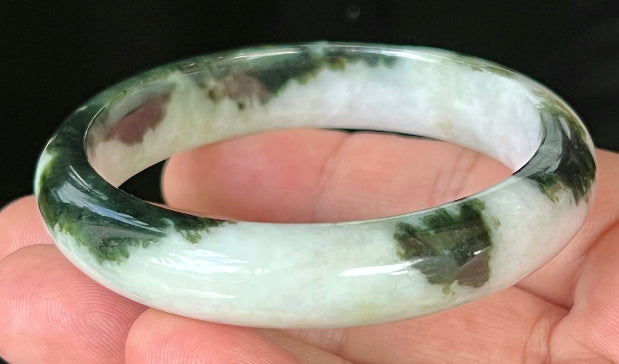 Rounded classic profile of 57.2mm icy forest green and white Burmese jade bangle JB559