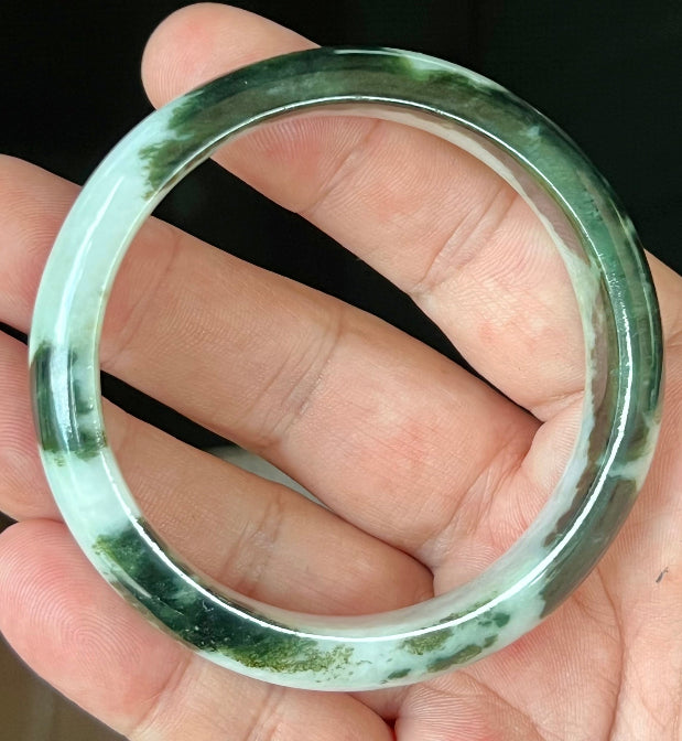 Rounded classic profile of 57.2mm icy forest green and white Burmese jade bangle JB559