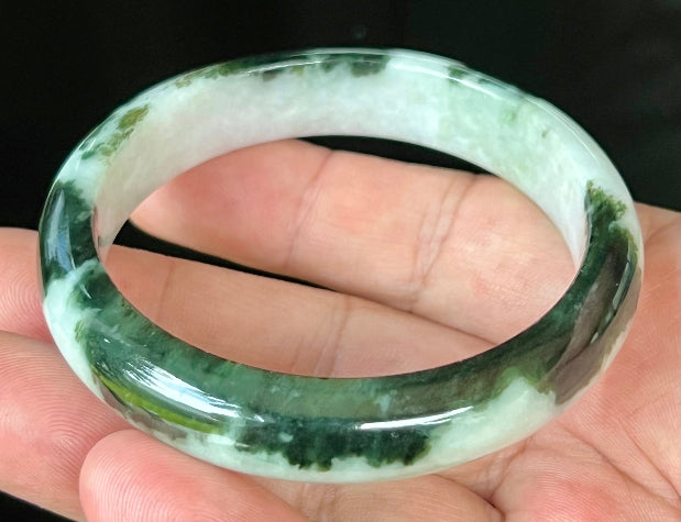 Rounded classic profile of 57.2mm icy forest green and white Burmese jade bangle JB559