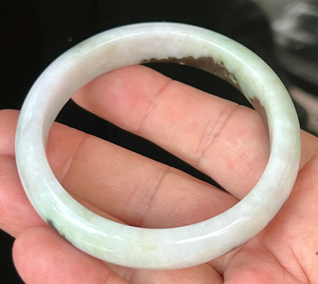 Rounded classic profile of 57.2mm icy forest green and white Burmese jade bangle JB559