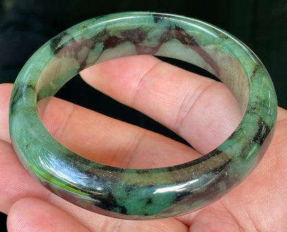 Rounded classic profile of 58mm icy forest and apple green Burmese jade bangle JB440