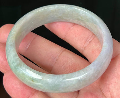 Rounded classic profile of 57.8mm icy green and milky white Burmese jade bangle JB532