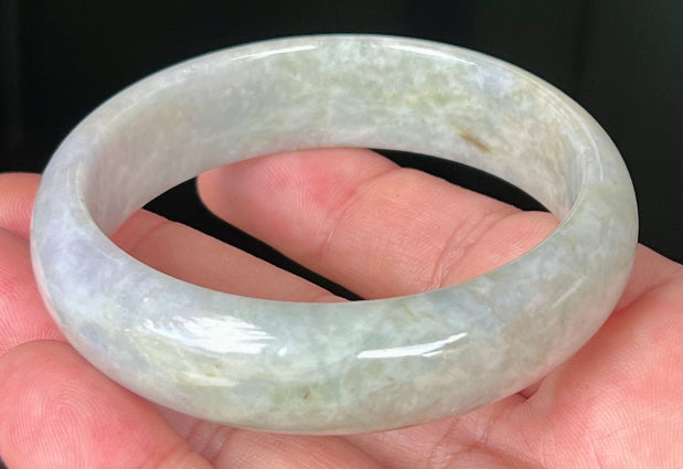Rounded classic profile of 57.8mm icy green and milky white Burmese jade bangle JB532
