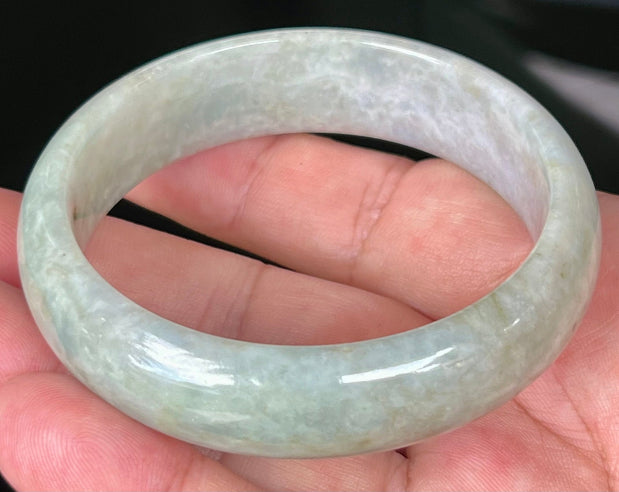 Rounded classic profile of 57.8mm icy green and milky white Burmese jade bangle JB532