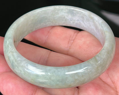 Rounded classic profile of 57.8mm icy green and milky white Burmese jade bangle JB532