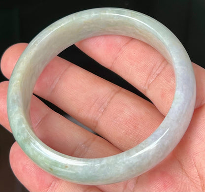 Rounded classic profile of 57.8mm icy green and milky white Burmese jade bangle JB532