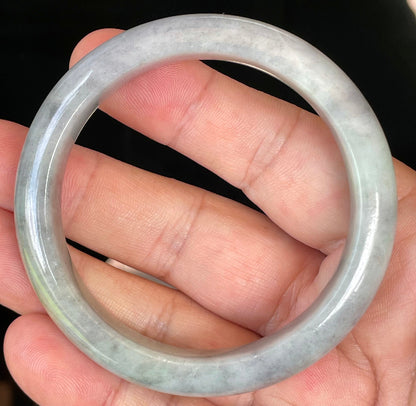 Rounded classic profile of 57mm icy grey, milky white and honey Burmese jade bangle JB358