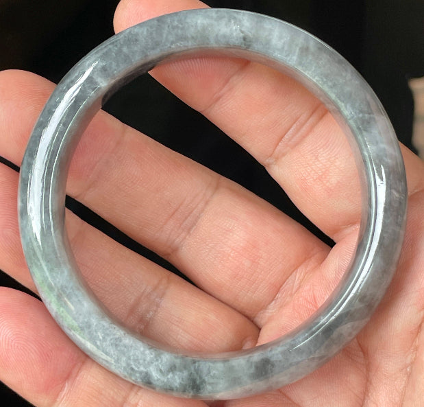Rounded classic profile of 57mm icy grey and milky white Burmese jade bangle JB364