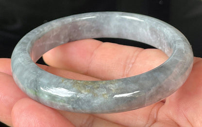 Rounded classic profile of 57mm icy grey and milky white Burmese jade bangle JB364