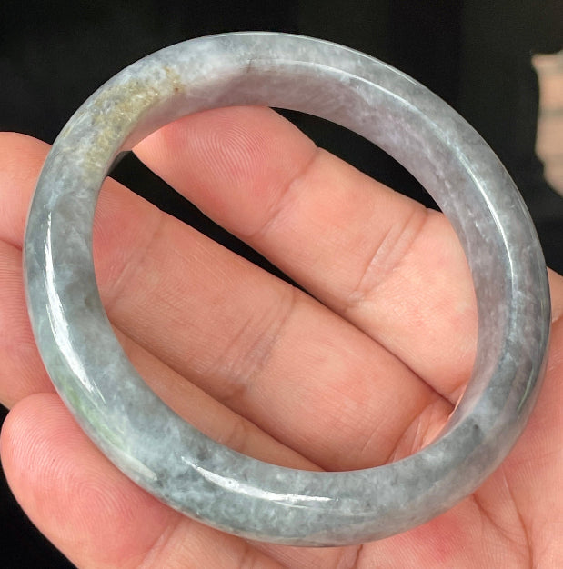 Rounded classic profile of 57mm icy grey and milky white Burmese jade bangle JB364