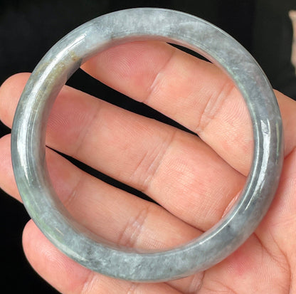 Rounded classic profile of 57mm icy grey and milky white Burmese jade bangle JB364