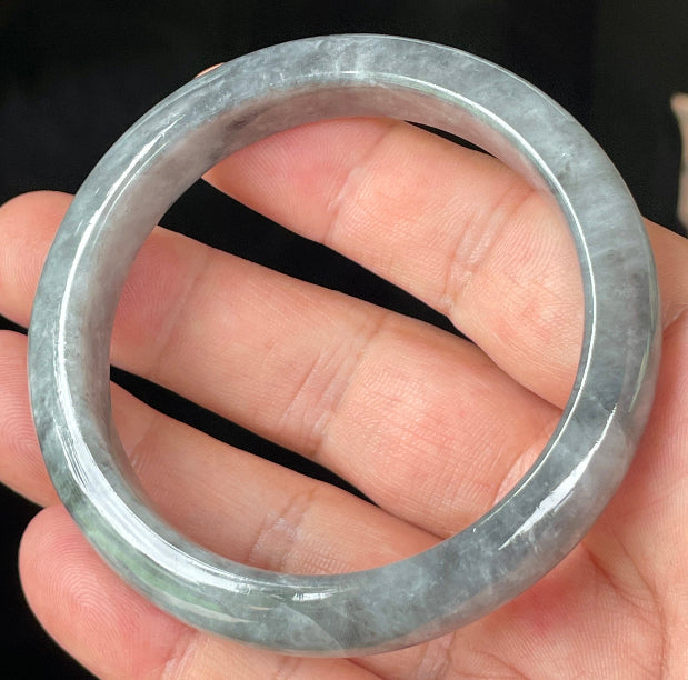 Rounded classic profile of 57mm icy grey and milky white Burmese jade bangle JB364