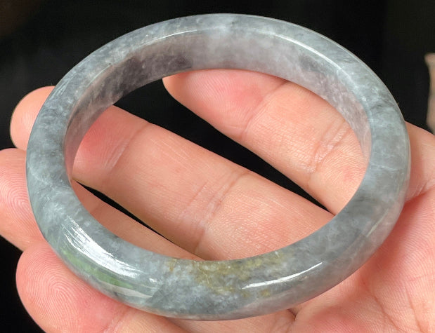 Rounded classic profile of 57mm icy grey and milky white Burmese jade bangle JB364
