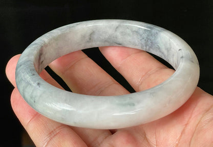 Flat inner and round outer edges of 66.5mm icy grey, milky white, and honey Burmese jade bangle JB879