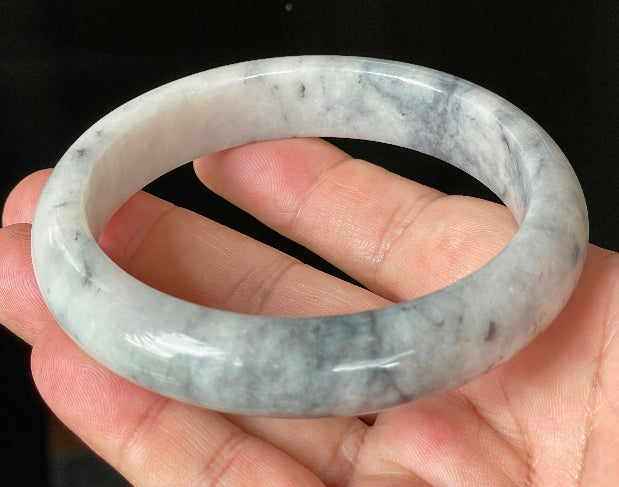 Flat inner and round outer edges of 66.5mm icy grey, milky white, and honey Burmese jade bangle JB879
