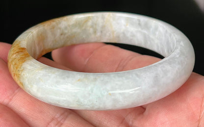Rounded classic profile of 58.4mm icy greyish white and honey Burmese jade bangle JB531