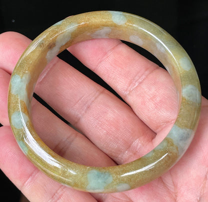 Rounded classic profile of 58.4mm icy honey, brown and bluish white Burmese jade bangle JB075