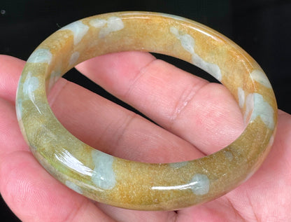 Rounded classic profile of 58.4mm icy honey, brown and bluish white Burmese jade bangle JB075