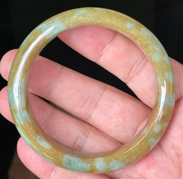Rounded classic profile of 58.6mm icy honey, brown, bluish and milky white Burmese jade bangle JB094