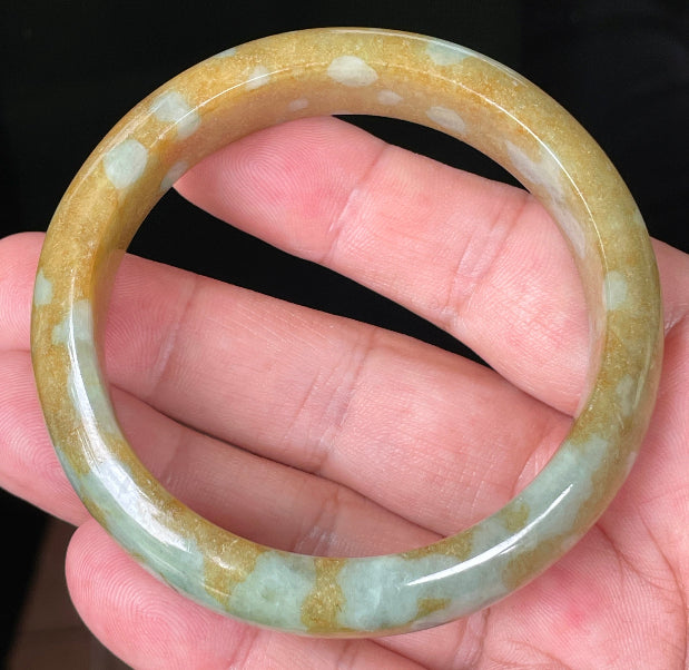 Rounded classic profile of 58.6mm icy honey, brown, bluish and milky white Burmese jade bangle JB094